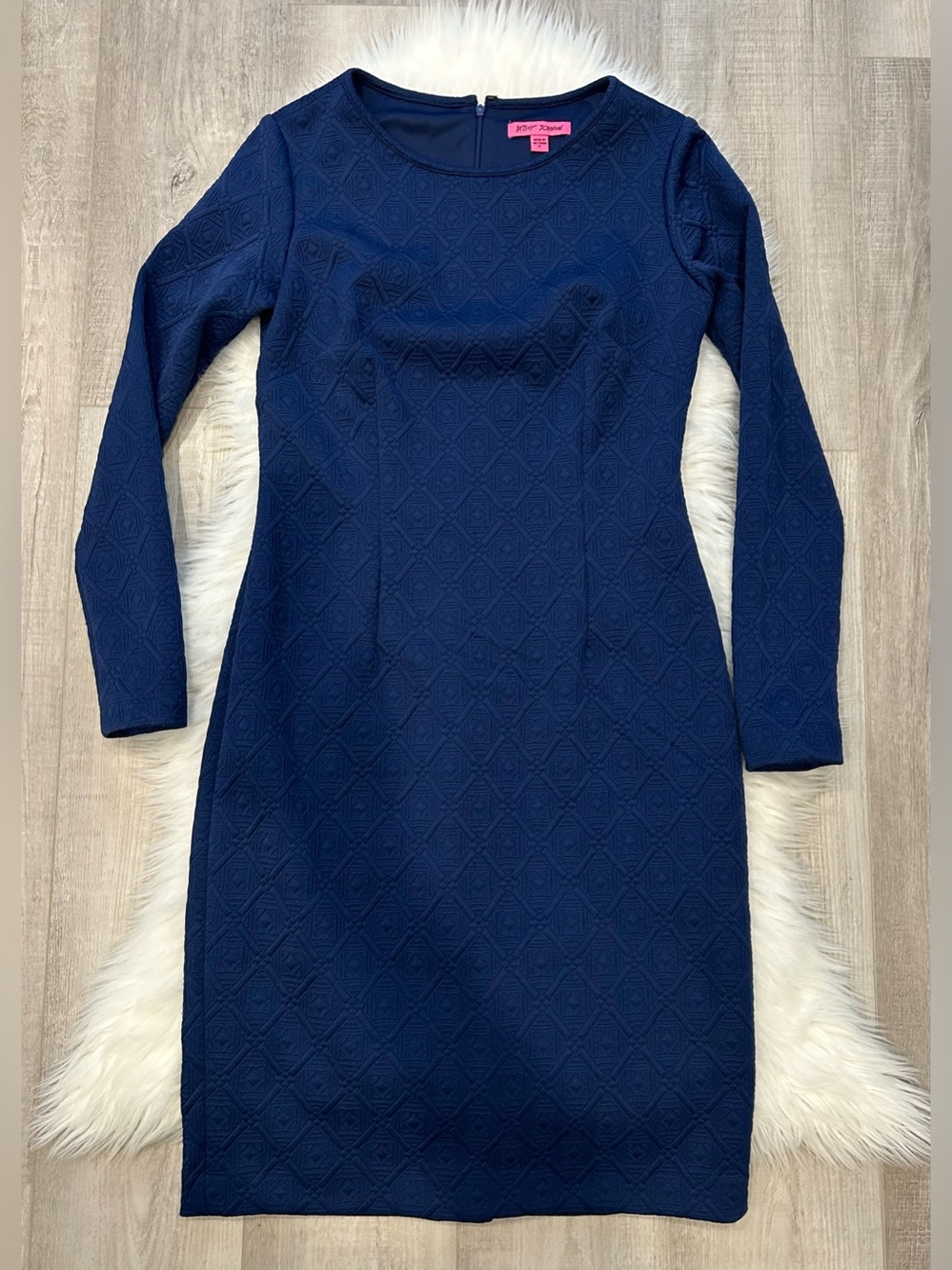 Betsey Johnson Size 8 Textured Geometric Diamond Dress Long Sleeve Navy Blue - Picture 9 of 16